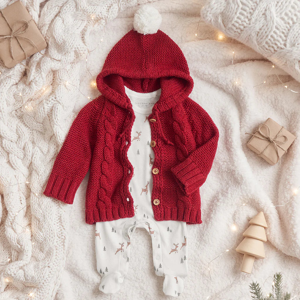 Hooded Cable Cardigan w/pom red 6-9m