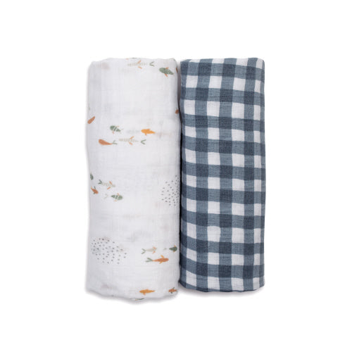 LLJ Swaddles, Fish and Navy Gingham, 2 pk