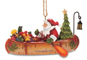 Resin Santa in Birch Canoe Ornament