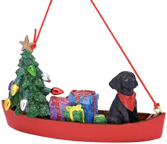 Resin Ornament Dog in Canoe w/lights