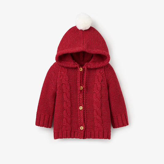 Hooded Cable Cardigan w/pom red 6-9m