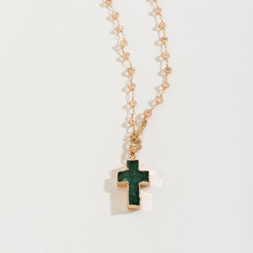 Necklace - Druzy cross pendant bead 20" necklace: green