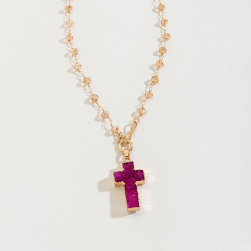 Necklace - Druzy cross pendant bead 20" necklace: pink