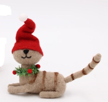 7" Felt Cat with Wreath and Santa Hat