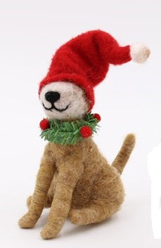 5" Felt Dog with Wreath and Santa Hat