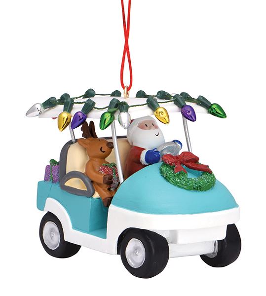 Resin Ornament Santa in Golf Cart w/lights