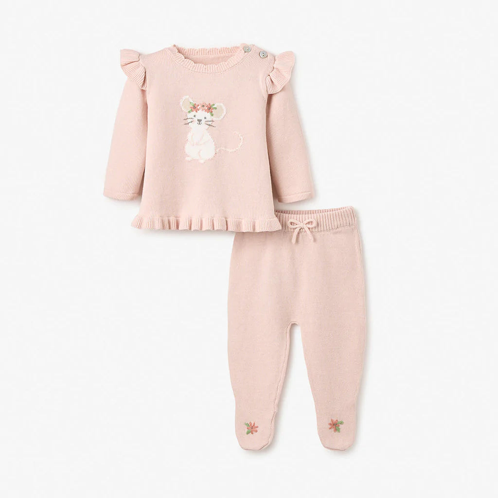 Meadow Mouse Sweater & Pants w/ft pink 6-9m