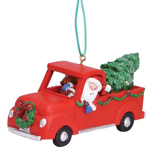 Resin Ornament Santa in Red Pickup Truck