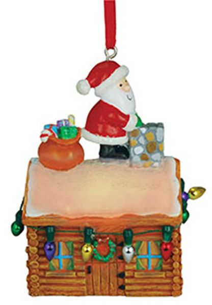 L/U Resin Ornament Santa on Log Cabin