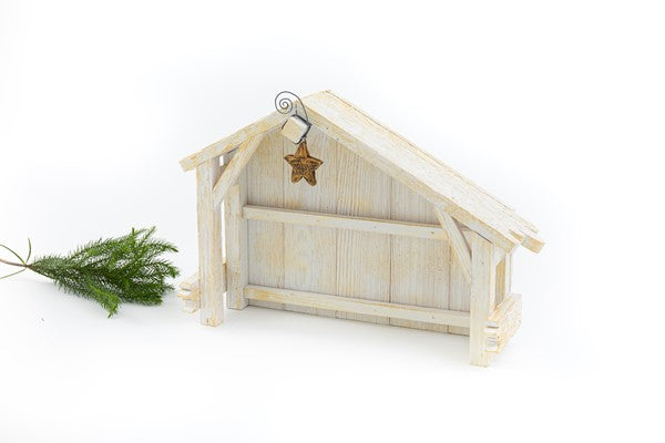 12.5 x 8" White Wood Creche with Dangling Star